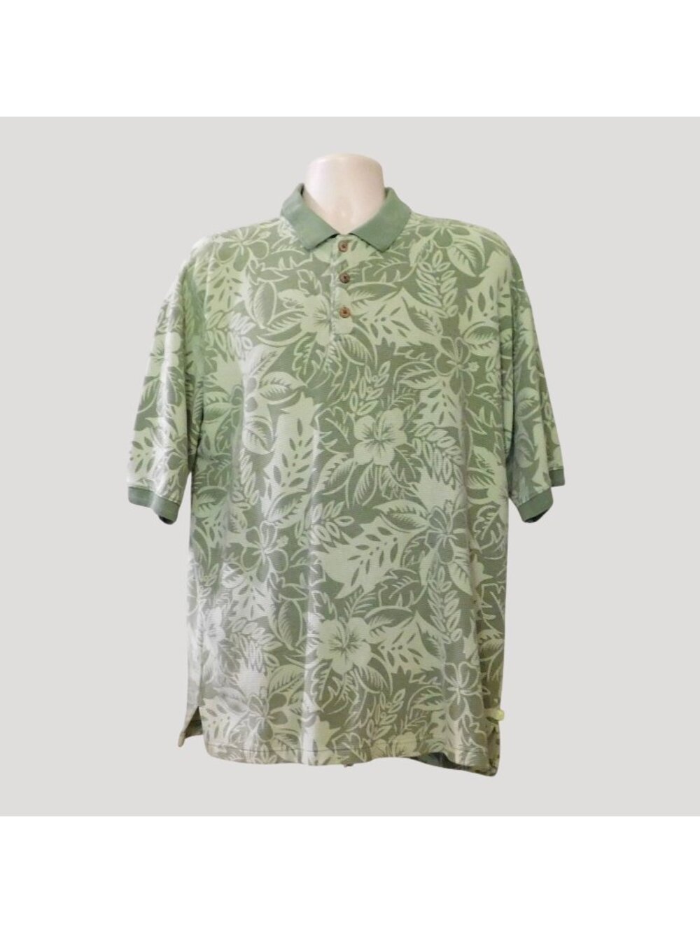 Tommy Bahama Hawaiian Polo Shirt Mens L Green Floral Tropical Print Silk Blend